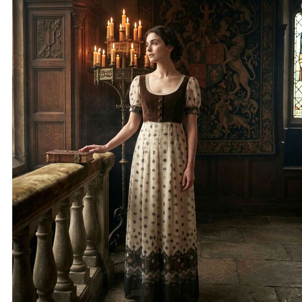 VTG 70s Miss Marlene Dress England Velour Renaissance Faire Cottagecore Maxi XS - Picture 6 of 13